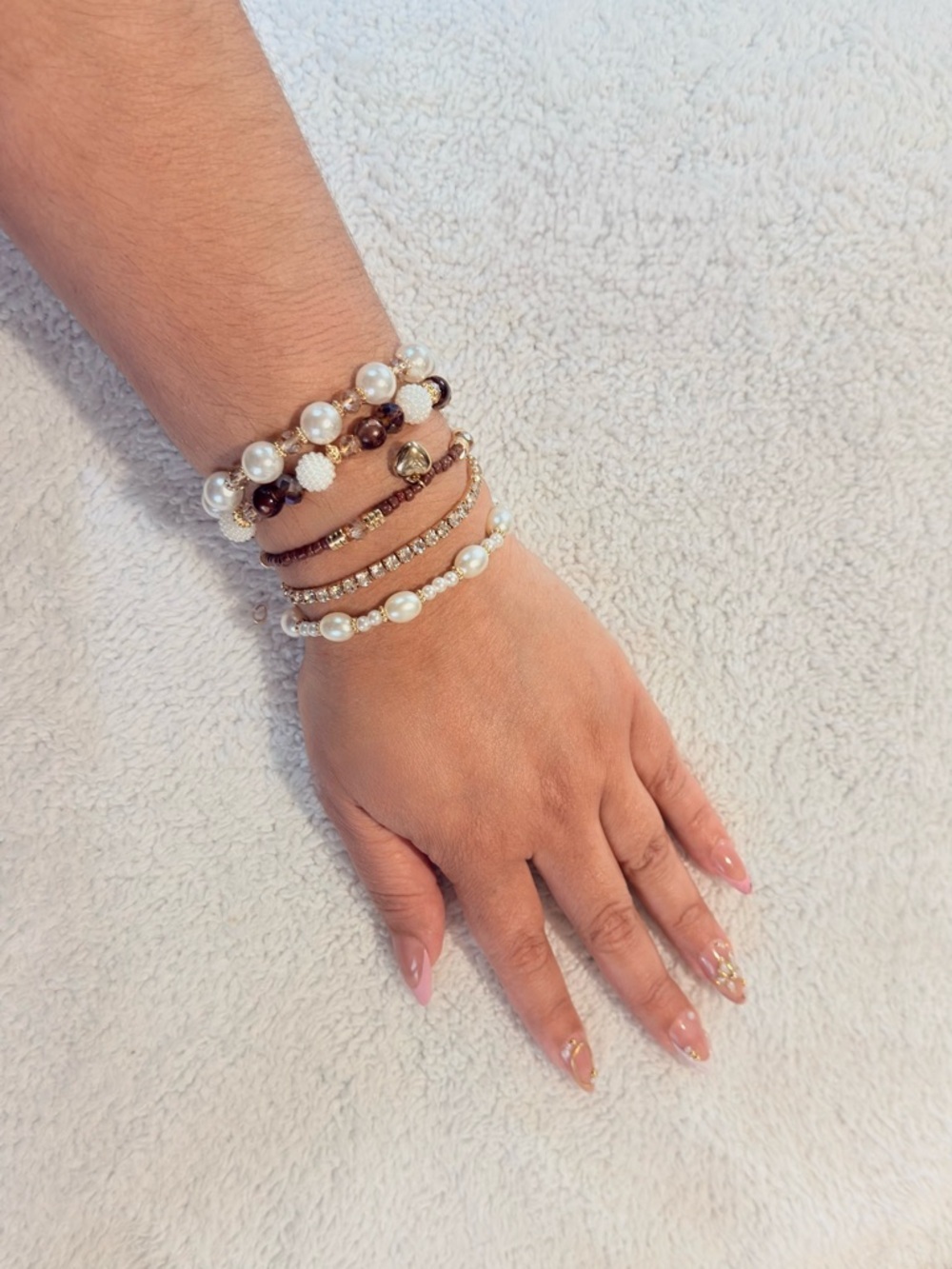 Set of 5 Coquette Style Bracelets - Pearls, Crystals and Gold/Coffee Heart Charm